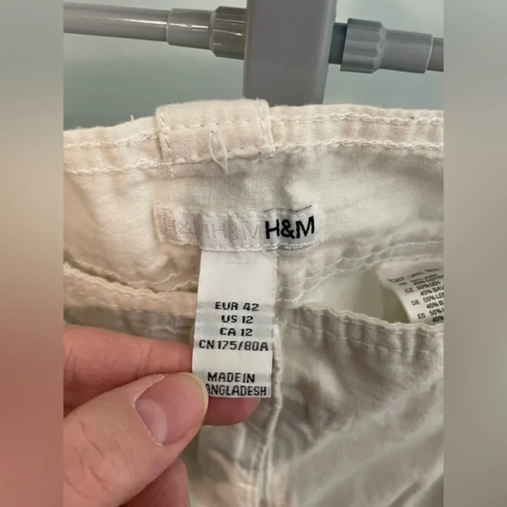 H&M Linen Blend Trousers Women 12 Cream Straight Leg Casual Summer Pants